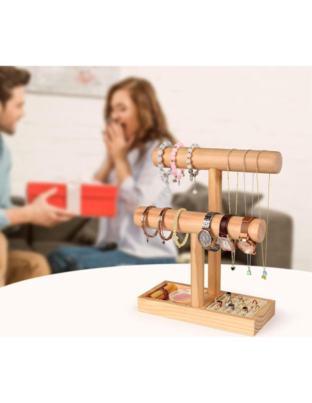 Soporte de Joyería de Madera AJINGSHANG 2 Niveles Naturaleza