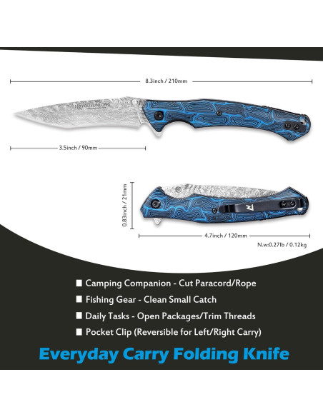 Cuchillo Plegable Damasco Martillado YOUSUNLONG 21cm Azul