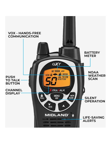 Walkie Talkie GMRS Midland GXT1000 con 4 Baterías y Alerta NOAA