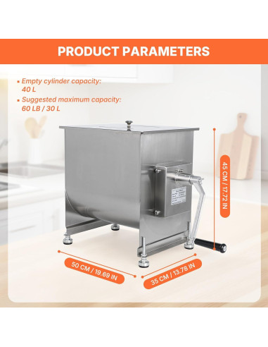 Mezclador de Carne Manual Hakka 40L Acero Inoxidable 27kg
