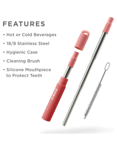 Popote Metálico Reutilizable ZOKU con Estuche Rojo 10-23 cm