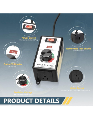 Controlador de Velocidad de Motor AC IGEYAPA 15A 120V con LED