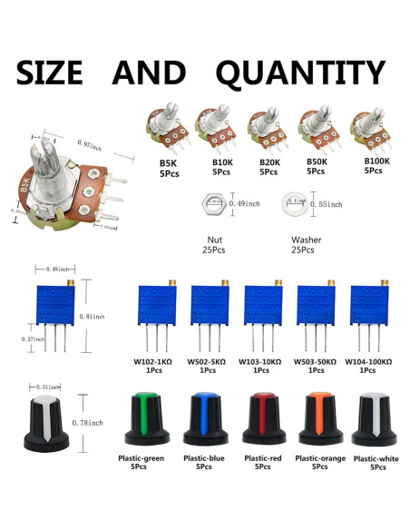 Kit de Potenciómetros Lineales Zovfam 105 Piezas 1K-100K Ohm Kit de Potenciómetros Lineales Zovfam 105 Piezas 1K-100K Ohm