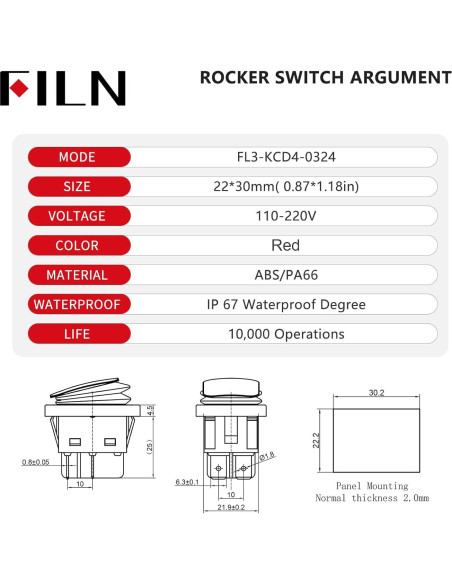 Interruptor de Palanca FILN KCD4 DPST 30A IP67 Rojo 110-220V