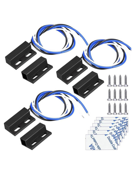 3 Juegos Interruptores Magnéticos Negro NO/NC 30cm para Alarma