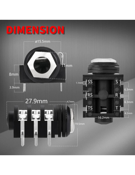 Jack Hembrado Estéreo 6.35mm DaierTek 18 Piezas para Pedal