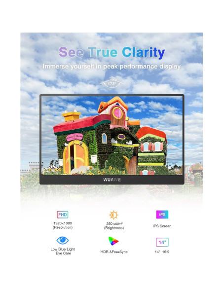 Monitor Portátil WUAWE 14" 1080P USB-C HDMI HDR Freesync