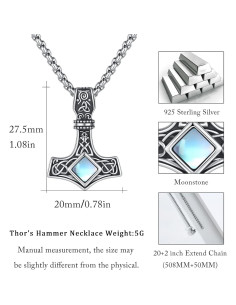Collar Martillo Mjolnir de Plata Esterlina 925 con Piedra Luna 2