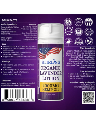 Loción Corporal Nutritiva Stirling 177ml - Lavanda Orgánica con Aceite de Cáñamo