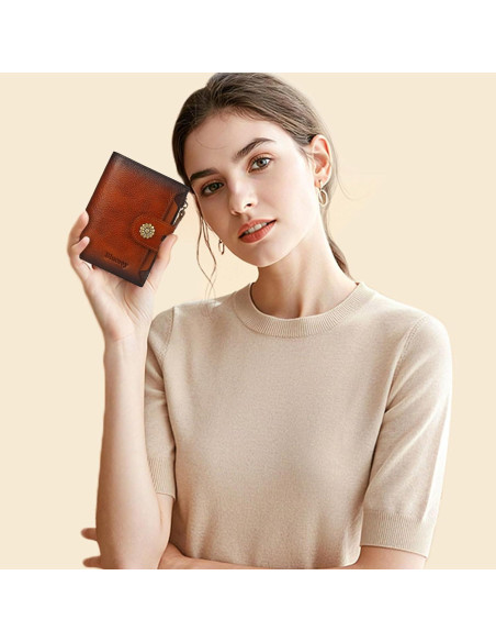 Billetera de Cuero para Mujeres Blucoay Marrón RFID Compacta