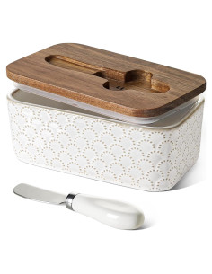 Plato de Mantequilla LE TAUCI Cerámica con Tapa de Acacia 17x10 cm