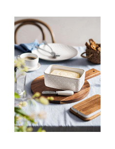 Plato de Mantequilla LE TAUCI Cerámica con Tapa de Acacia 17x10 cm 2