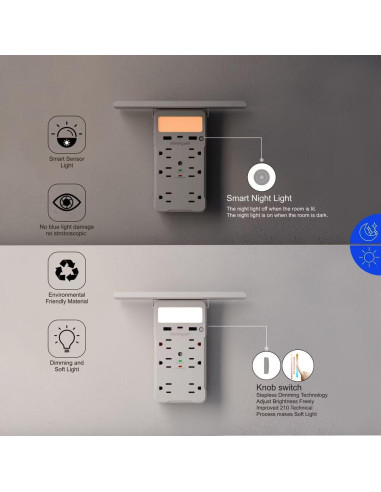 Extensor de Enchufe con Estante y Luz Nocturna Shiningwell