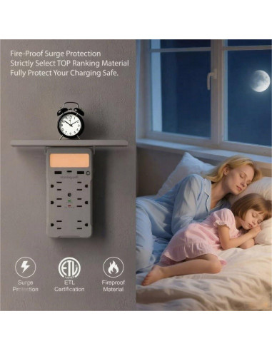 Extensor de Enchufe con Estante y Luz Nocturna Shiningwell