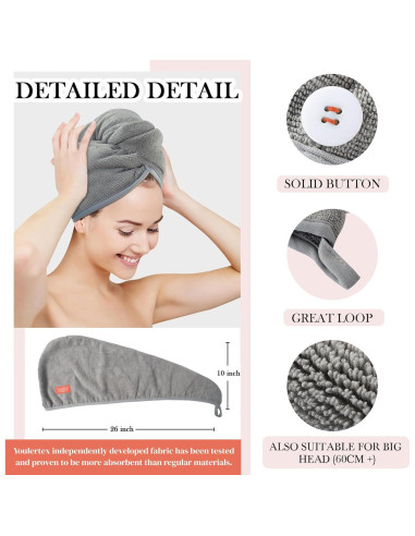Toalla de Microfibra para Cabello YoulerTex - Paquete de 2 Gris - 25.4x66 cm