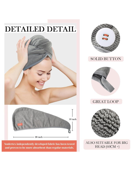 Toalla de Microfibra para Cabello YoulerTex - Paquete de 2 Gris - 25.4x66 cm