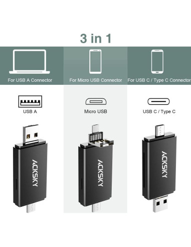 Lector de Tarjetas SD 3-en-1 ACKSKY USB-C/USB-A/Micro USB