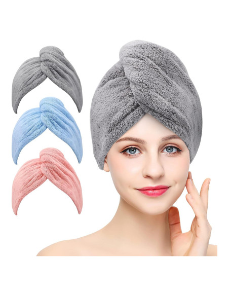 Toalla de Microfibra BEoffer para Cabello - 3 Turbantes Secado Rápido