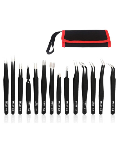 Juego de Pinzas de Precisión HengTianMei 14 Piezas Acero Inoxidable