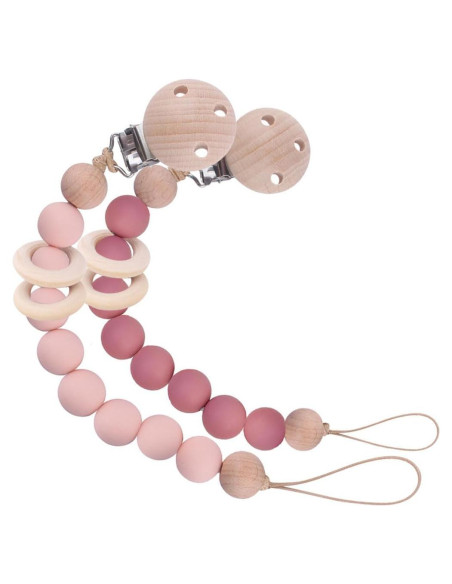 Clip de Chupete de Silicona y Madera Natural - 2 Piezas Rosa