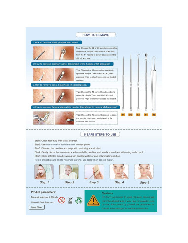 Kit Extractor de Comedones 5 Piezas Kotomotoy Acero Inoxidable