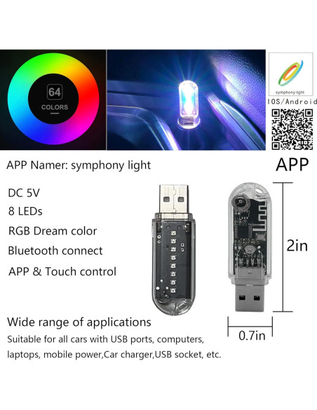 Lámpara LED RGB USB FZSSHYG para Interior de Coche, Control APP