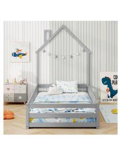Cama de Piso Twin Giantex Montessori con Cerca y Chimenea Gris