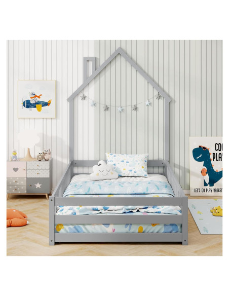 Cama de Piso Twin Giantex Montessori con Cerca y Chimenea Gris