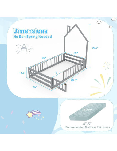 Cama de Piso Twin Giantex Montessori con Cerca y Chimenea Gris