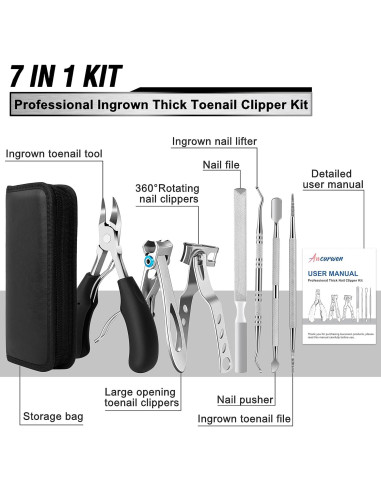 Cortauñas Aucurwen para Uñas Gruesas 7 Piezas con Mango Ergonómico
