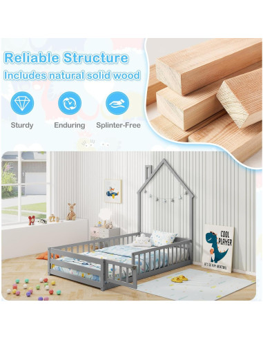 Cama de Piso Twin Giantex Montessori con Cerca y Chimenea Gris