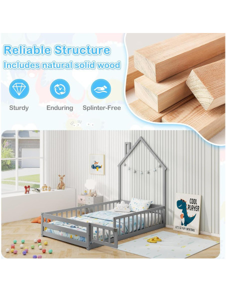 Cama de Piso Twin Giantex Montessori con Cerca y Chimenea Gris