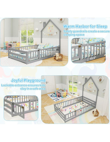 Cama de Piso Twin Giantex Montessori con Cerca y Chimenea Gris