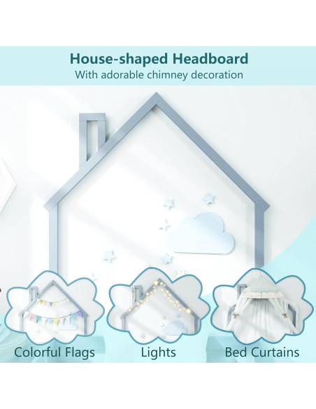 Cama de Piso Twin Giantex Montessori con Cerca y Chimenea Gris