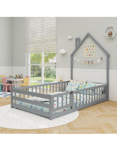 Cama de Piso Twin Giantex Montessori con Cerca y Chimenea Gris