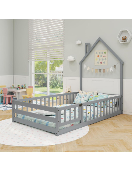 Cama de Piso Twin Giantex Montessori con Cerca y Chimenea Gris