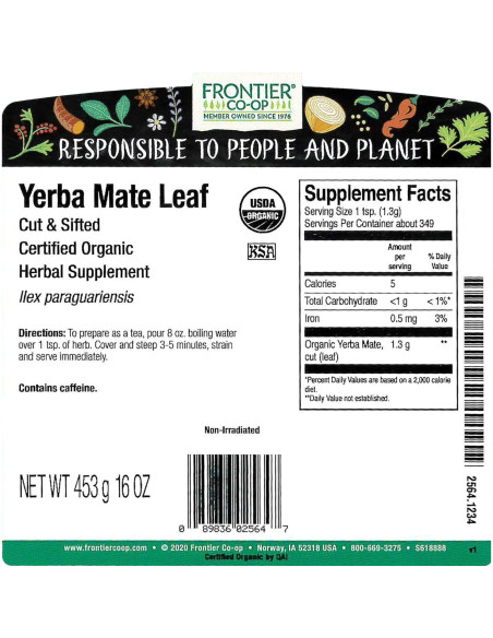 Yerba Mate Orgánica Cortada Frontier 0.45 kg - Sabor Herbáceo