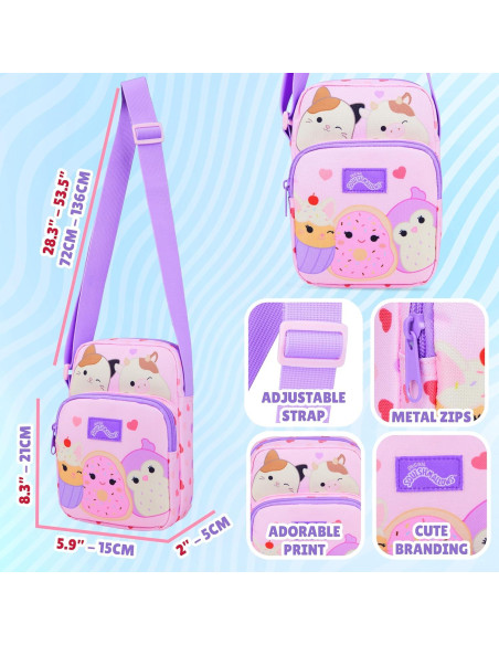 Bolso Cruzado Squishmallows Rosa para Niñas 21x15x5 cm