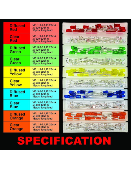 Kit de 180 LEDs de Largo Cable 5mm 10 Tipos 1A Manufacturing Kit de 180 LEDs de Largo Cable 5mm 10 Tipos 1A Manufacturing