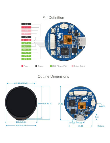 Placa de Desarrollo RP2040 Waveshare con Pantalla Táctil 1.28"