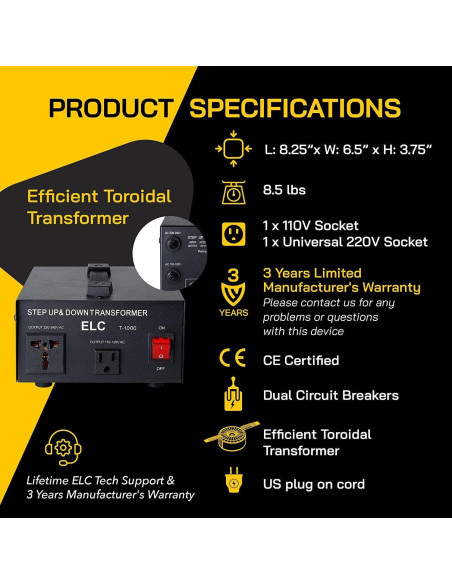 Transformador Convertidor de Voltaje ELC T-1000+ 1000W 110V/220V