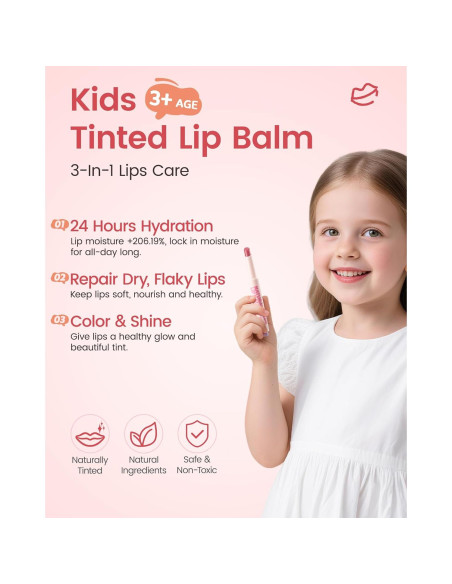 Bálsamo Labial Tinte RUNBEN para Niños, Hidratante Sabor Fresa