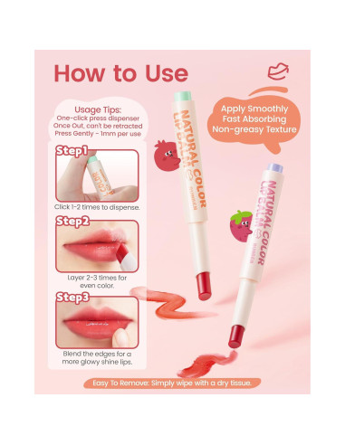 Bálsamo Labial Tinte RUNBEN para Niños, Hidratante Sabor Fresa