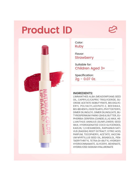 Bálsamo Labial Tinte RUNBEN para Niños, Hidratante Sabor Fresa