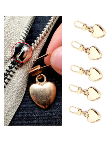 5 Tiradores de Cremallera Corazón Dorado Metal BWESOO