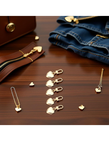 5 Tiradores de Cremallera Corazón Dorado Metal BWESOO