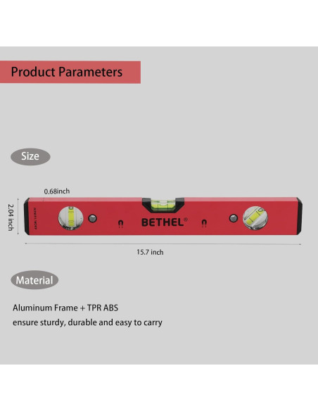 Nivel Torpedo Magnético BETHEL 40.64 cm Aluminio Rojo 3 Viales