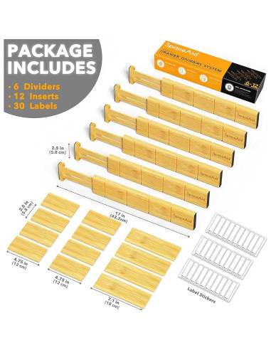 Divisores de Cajones Ajustables SpaceAid de Bambú 6 Piezas