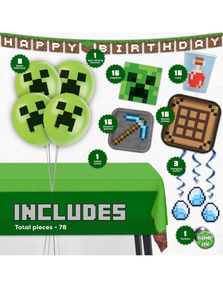 Kit de Fiesta de Cumpleaños Minecraft Unique para 16 Invitados
