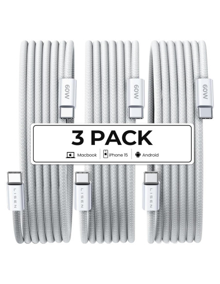 Cable USB C a USB C LISEN 60W Carga Rápida 3Pack 2m Blanco Cable USB C a USB C LISEN 60W Carga Rápida 3Pack 2m Blanco
